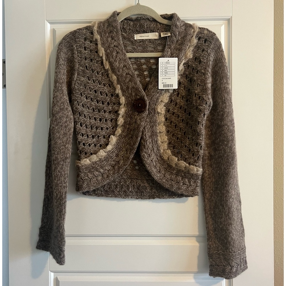 Anthro: Sleeping on Snow Brown Tan Braided Trim Cropped Knit Cardigan Size S